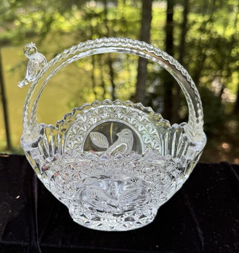 Hofbauer Byrdes Lead Crystal Basket Bird Handle Etched German Glass 6" Vintage